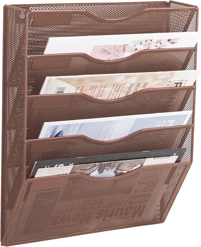 EASEPRES 5 Pocket Mesh Hanging Wall File Organizer, Wall Mounted Mail Paper Document Folder Holder, Clipboard Storage Organization Magazine Rack with Nametag Label for Office Home School, Brown