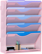 6 Tier Hanging File Organizer, Mesh Wall File Holder Paper Folder Rack with Bottom Flat Tray for Office Home, Pink