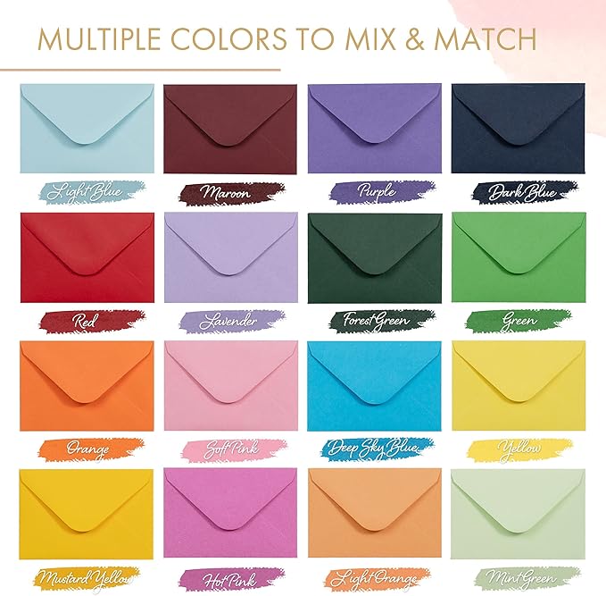 Gift Card Envelopes - 160-Count Mini Envelopes, Paper Business Card Envelopes, Bulk Tiny Envelope Pockets, 16 Colors, 4 x 2.7 Inches