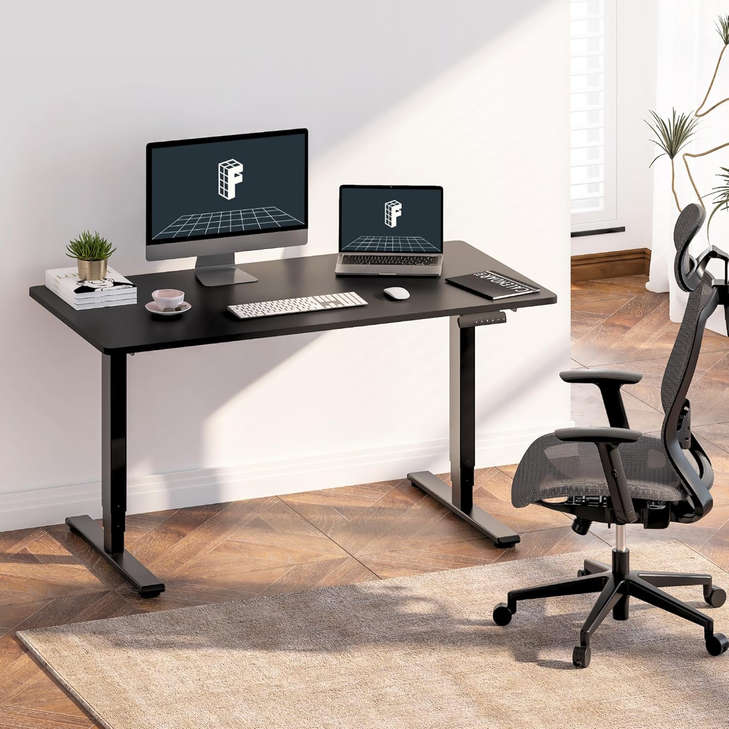 FLEXISPOT E6 Essential 3 Stages Dual Motor Electric Standing Desk 48x24 Inch Whole-Piece Board Height Adjustable Electric Sit Stand Desk(Black Frame + Black Desktop, 2 Packages)