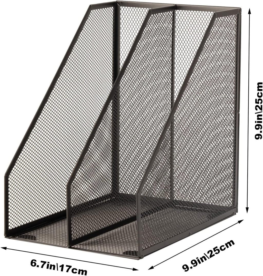 2 Set Magazine Holder Metal Wire, 2 Compartments Mesh File Holder for Desk, Office Desk Accessories Decorative File Box, Black