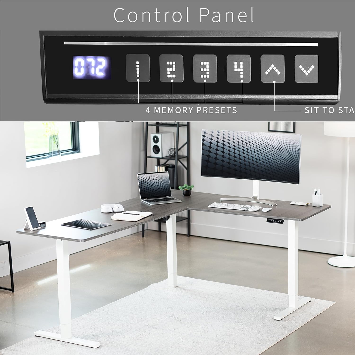 VIVO Electric Corner L-Shaped 75 x 63 in Standing Desk, Memory Height Adjustment, Dark Gray Top White Frame, DESK-E3CTWG-75