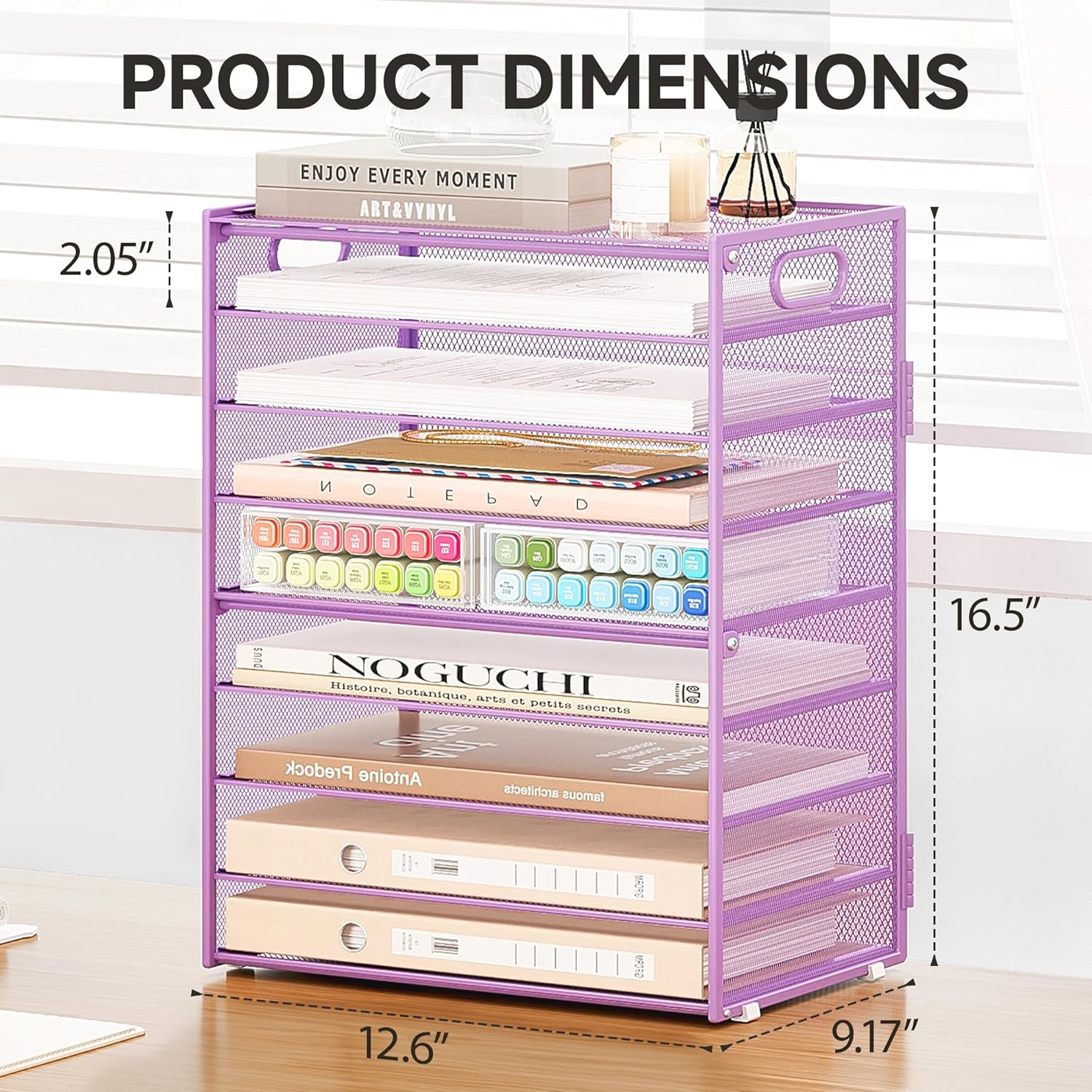 SUBEKYU 9 Tier Paper Letter Tray Desk Organizer with Handles - Purple Metal Mesh File Holder Paper Sorter Desk Organizer for Office Home School, Include 6 Pcs Adjustable Slid Tray, 6 Colors Available