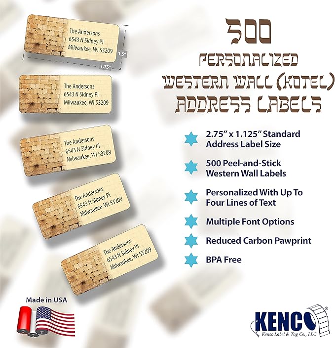 Customized Personalized Address Labels - Made in The USA by Kenco (500 Labels, Kotel Western Wall)