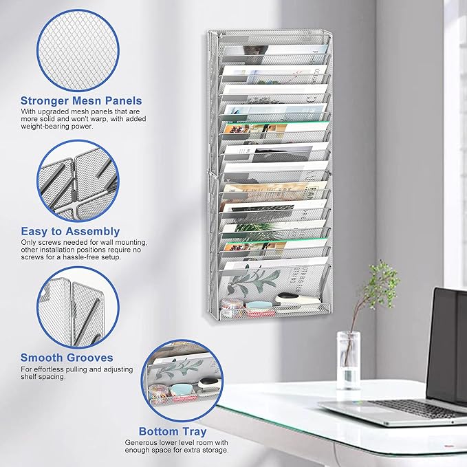 EasyPAG 14 Tier Wall File Holder with Flat Tray, Silver | Easy Assemble Mesh Desk File Organizer | 13-Folder Paper Storage | Replaceable Classify Labels | Space Saving Mail Organizer for Office Home