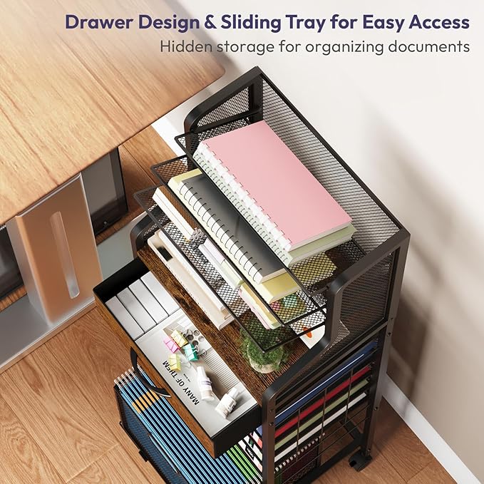 SWTYMIKI 10-Tier Rolling File Cart - Mesh Paper Organizer with Drawer and Hanging File Folders on Lockable Wheels, Wood Teacher Cart for Office Organization, Storage in Home, Studio, School, Espresso