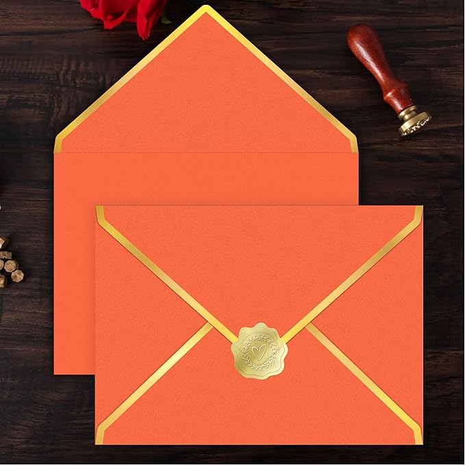 60 Pack 5x7 Envelopes for Invitations,A7 Business Envelopes Letter Size 250g Shimmer Cardstock with Gold Foil V Flap & Sealer,Security Envelopes for Gift Card,Wedding,Baby Shower(Orange)