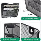 EASEPRES 3 Pocket Mesh Hanging File Organizer with Key Holder Hooks & Nametag Label, Wall Mounted Mail Paper Document Folder Clipboard Storage Organization Magazine Rack for Office Cubicle, Black