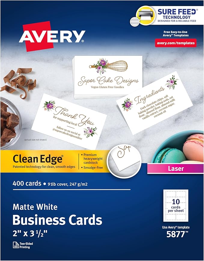 Avery Clean Edge Printable Business Cards with Sure Feed Technology, 2" x 3.5", White, 400 Blank Cards for Laser Printers (5877)