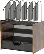 Wood Desk Organizer - 4-Tier Desktop File Organizer with Drawer, Wooden Paper Tray, Vertical File Holders & 2 Pencil Holders - Office Desk Organizer for Papers, Mail, Notebooks, Stationery