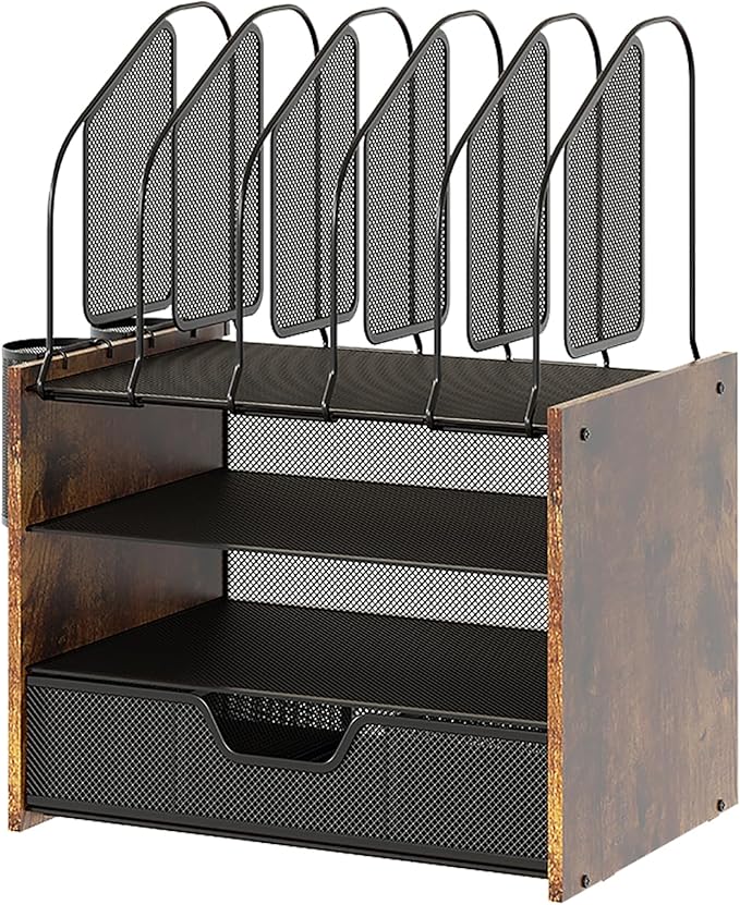 Wood Desk Organizer - 4-Tier Desktop File Organizer with Drawer, Wooden Paper Tray, Vertical File Holders & 2 Pencil Holders - Office Desk Organizer for Papers, Mail, Notebooks, Stationery