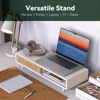 Monitor Stand Riser with Sliding Door, Computer Laptop Stand Desk Shelf Organizer with Storage (White + Natural Bamboo, 25 Inch)