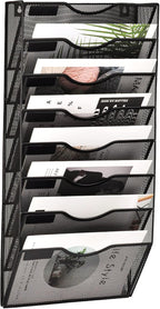 EASEPRES 8 Pocket Mesh Hanging Wall File Organizer, Wall Mounted Mail Paper Document Folder Holder, Clipboard Storage Organization Magazine Rack with Nametag Label for Office Home School, Black