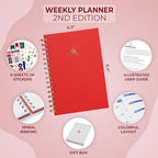 Clever Fox Planner 2nd Edition Spiral – Colorful Weekly & Monthly Goal Planner, Time Management & Productivity Organizer, Undated (Red)