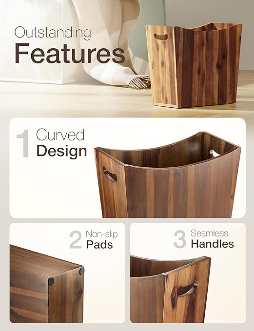 3 Gallons Rectangular Wastebaskets - Acacia Wood Waste Basket with Handles - Small Trash Can for Bathroom - Brown Garbage Bin for Spa Bathroom Decorative, Kitchen Counter, Living Room (Walnut)