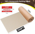 Honeycomb Packing Paper Wrap 12"x200' Sustainable Alternative to Bubble Wrap for Moving Shipping/Gift, Biodegradable & Fully Recyclable Bubble Paper Wrapping with 20 Fragile Sticker…