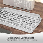 Retro Typewriter Wireless Mechanical Gaming Keyboard, Bluetooth 5.0 Office Computer Vintage Keyboards 83-Key Blue Switches Punk Round Keycap, LED Backlight, Compatible with PC/Laptop/Pad/Phone, White