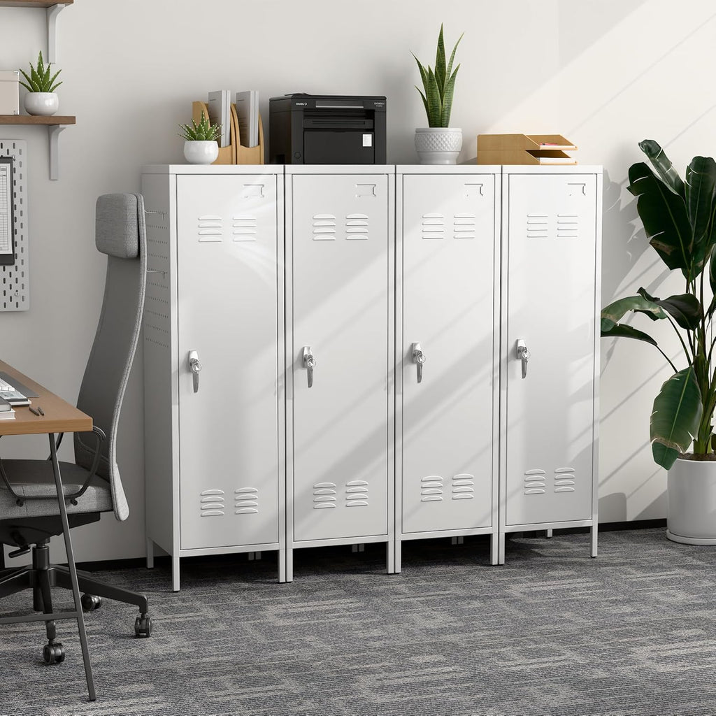 Metal Lockers for Employees with Handle,Metal Storage Locker with 2 Pegboard & 5 Hooks for Gym, School, Office,Home,Garage,White