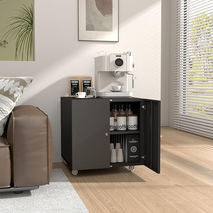 Printer Stand with Storage, 3D Heavy Duty Printer Table with Shelves, Large Printer Table for Home Office, Black Printer Stand on Wheels with Doors, Metal Fax Machine Stand for Workplace