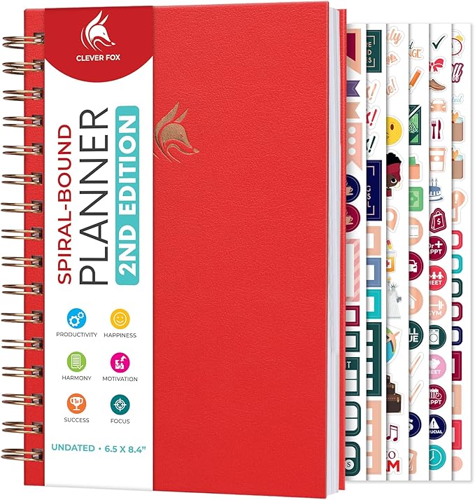 Clever Fox Planner 2nd Edition Spiral – Colorful Weekly & Monthly Goal Planner, Time Management & Productivity Organizer, Undated (Red)