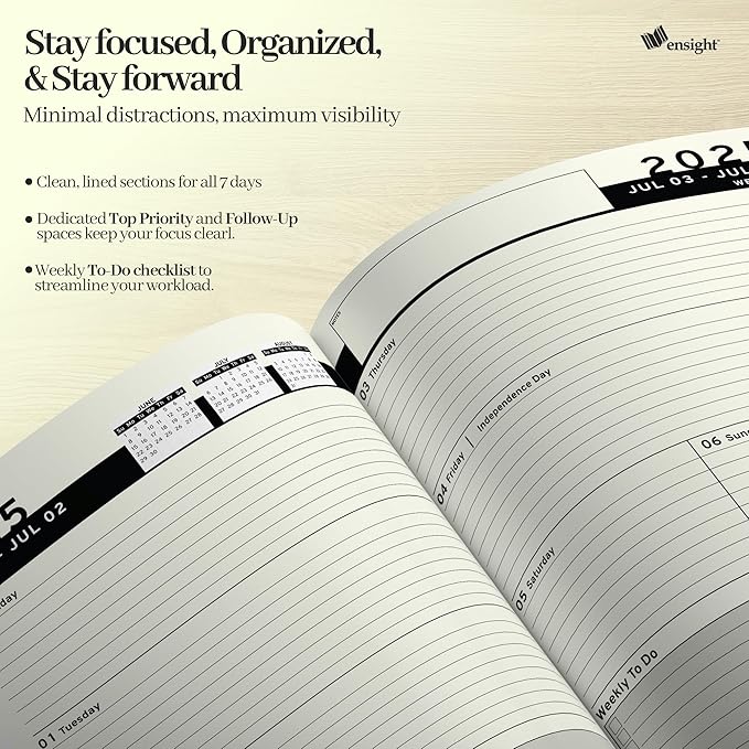 Ensight 2025-2026 HARDCOVER Leather Planner Weekly & Monthly - 8.5x11 Inches - Academic Planner Business Personal or Student - Pen Holder, Thick Paper, July 2025 - June 2026 (Black)