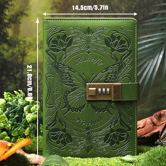TIEFOSSI Diary with Lock for Women Girls, Lined Locked Journal, Butterfly Journal Notebook with Pen and Bookmark, A5 Refillable Locking Journals for Writing, 224 Numbered Pages
