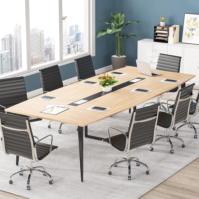Tribesigns 8FT Conference Table, 94.48L x 47.21W x 29.52H Inches Boat Shaped Meeting Table with Rectangle Grommet, Modern Seminar Boardroom Table for Office Conference Room (Light Wood Grain, 8ft)