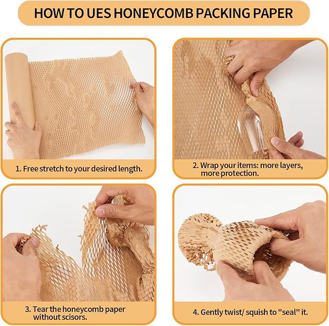 Honeycomb Packing Paper, 15"x230' Honeycomb Cushioning Bubble Wrap Paper Roll for Moving Shipping Breakables Packaging Gifts with 20 Fragile Sticker Biodegradable & Fully Recyclable Brown Kraft