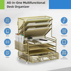 4-Tier Paper Organizer + 3-Pocket File Holder + Drawer + Pen Holders, Desktop File Organizers Paper Tray for Office Supplies School Classroom Organization (Gold, with Drawer & Pen Holder)