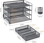 Marbrasse Desk Organizer and Accessories4-Tier Paper File Letter Tray Accessories & Workspace Desk Organizers with Drawer and 2 Pen Holders for School Home Office Supplies (Black)