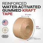 IDL Packaging 3" x 375 feet Reinforced Water-Activated Kraft Gummed Tape 70lb Thickness - Secure Paper Packing Tape for Secure Carton Sealing - Heavy-Duty for All Conditions, Brown