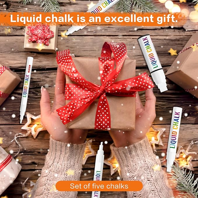 White Chalk Markers For Chalkboard, Liquid Chalk Markers Erasable 5 Variety Pack - 1mm Ultra Fine Tip, 3mm Fine Tip, 6mm Medium, 10mm Bold, 15mm Jumbo For Blackboard, Car Window, Signs, Glass, Bistro