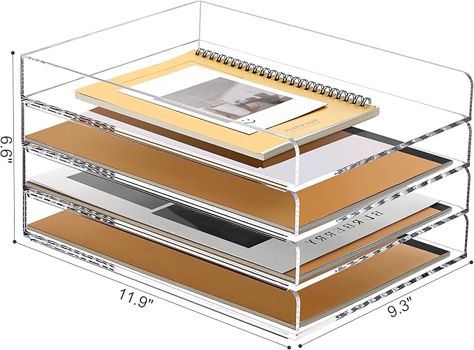 SANRUI 4 Tier Stackable Paper Letter Tray, Acrylic Vertical File Tray A4 Desk Organizer and Accessories Sorter Trays, Clear Workspace Office Supplies Organizers,12inx9.25inx6.6in