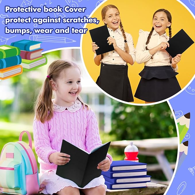 Sherr 14 Pack Stretchable Book Covers Reusable Jumbo Bookcloth 9" x 11" Durable Washable Back to School Book Cover Protector for Most Hardcover Books Textbooks(Black,Classic)