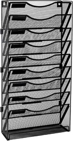 EasyPAG 10 Tier Wall File Holder with Flat Tray, Black | Easy Assemble Mesh Desk File Organizer | 9-Folder Paper Storage | Replaceable Classify Labels | Space Saving Mail Organizer for Office Home