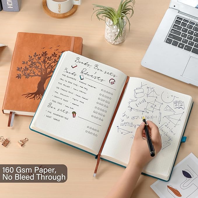 ZXHQ B5 Bullet Dotted Journal Notebook:150 gsm Thick Paper, 256 Pages, Dot Grid Hardcover, Tree of Life Design, Fine Inner Pocket - 7.7" × 10" Brown