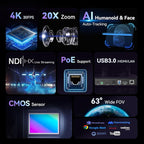 Tenveo 4K NDI PTZ Camera AI Humanoid & Face Auto-Tracking, HDMI/LAN/USB3.0 PoE PTZ Camera 20X Optical Zoom IP Live Streaming, for Church Services Worship Video Conference Live Streaming YouTube OBS