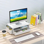 gianotter Desk Organizers and Accessories, Monitor Stand with Drawer and 2 Pen Holder, Desktop Organizer Suitable for Offices and Dormitories (White)