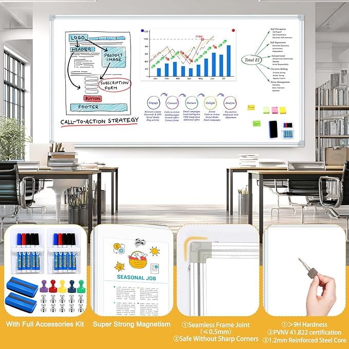 H-Qprobd 8'x4' Whiteboard Commercial-Grade Large Magnetic Dry Erase White Board for Wall - 96"x48" Presentation Boards for Business, Education & Government - Aluminum Frame Wall Mounted Whiteboard