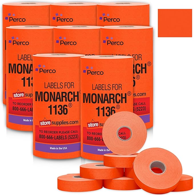 Perco Red Pricing Labels for Monarch 1136 Price Gun - Case of 8 Sleeves, 112,000 Pricemarking Labels Value Pack - with Bonus Ink Rolls Included