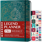Legend Planner PRO – Deluxe Weekly & Monthly Life Planner to Increase Productivity and Hit Your Goals. Time Management Organizer Notebook – Undated – 7 x 10" Hardcover + Stickers – Dark Teal