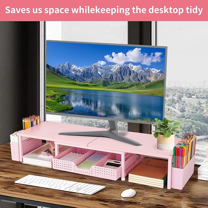 Desk Dual Monitor Stand Riser - Wood Desk Organizer with Drawer and Pen Holders, Office Desk Accessories & Workspace Organization, Computer Monitor Stand for Laptop Printer, Girl Pink