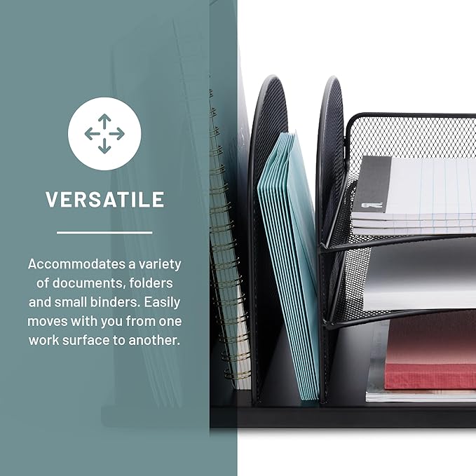 Safco Onyx Desk Organizer, 3 Vertical Compartments and 3 Trays, Office and Classroom Mailbox , Paper and Mail Sorter, Steel Mesh, Black