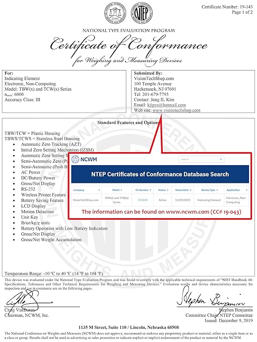 VisionTechShop TBWS-500 Washdown Stainless Steel Bench Scale, Lb/Kg/Oz Switchable, 500lb Capacity, 0.1lb Readability, NTEP Legal for Trade