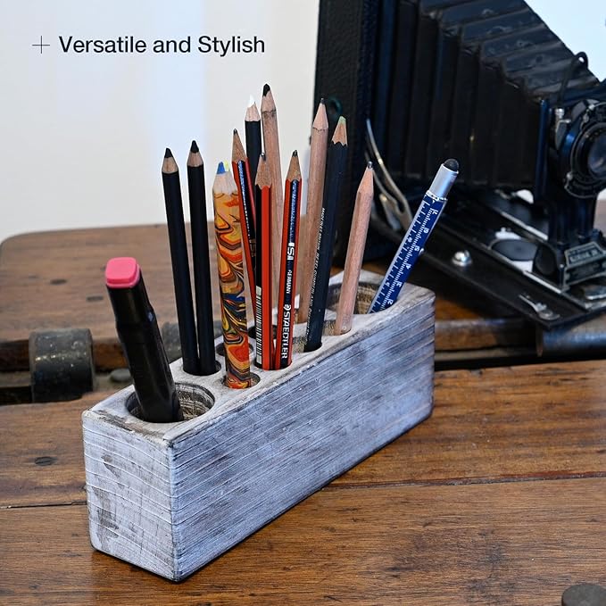 Whitewashed Wooden Pen Holder, Grey Solid Wood Desk Organizer, Rustic Paint Brush Holder and Art Supplies Organizer