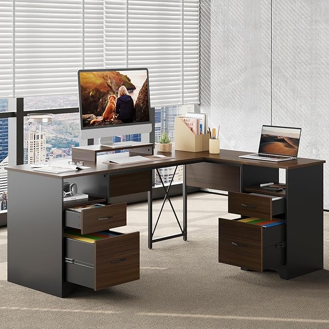 Bestier L Shaped Desk with 4 Drawers, 63" x 47" Executive Desk with Open Storage & Monitor Stand, Corner Desk with 2 File Drawers & Modesty Panel for Home Office, Cherry
