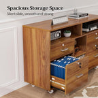 VINGLI Wide 4 Drawer Lockable Rolling File Cabinet with Open Shelves - Walnut Wood Lateral File Cabinet Printer Stand for Home Office, Letter Sized