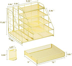 Marbrasse Desk Organizer with File Holder, 5-Tier Desk Organizer and Accessories with Drawer and 2 Pen Holders, Mesh Paper Letter Tray, Desktop Storage for Office Supplies (Gold)