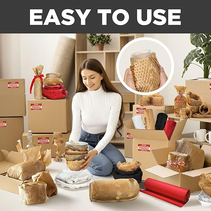 Honeycomb Packing Paper, 12"x50' Black | Perforated Honeycomb Packing Paper Recyclable Moving Supplies for Shipping & Moving | Plastic-Free Alternative to Bubble Cushion Wrap with 36 Fragile Stickers