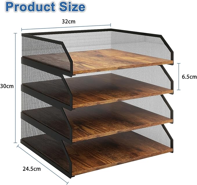 Natwind 4-Tier Stackable Paper Tray, Metal Mesh Desktop Organizer, Paper Sorter, Letter Trays,File Document Storage Rack for for Home, Office, School (Retro)